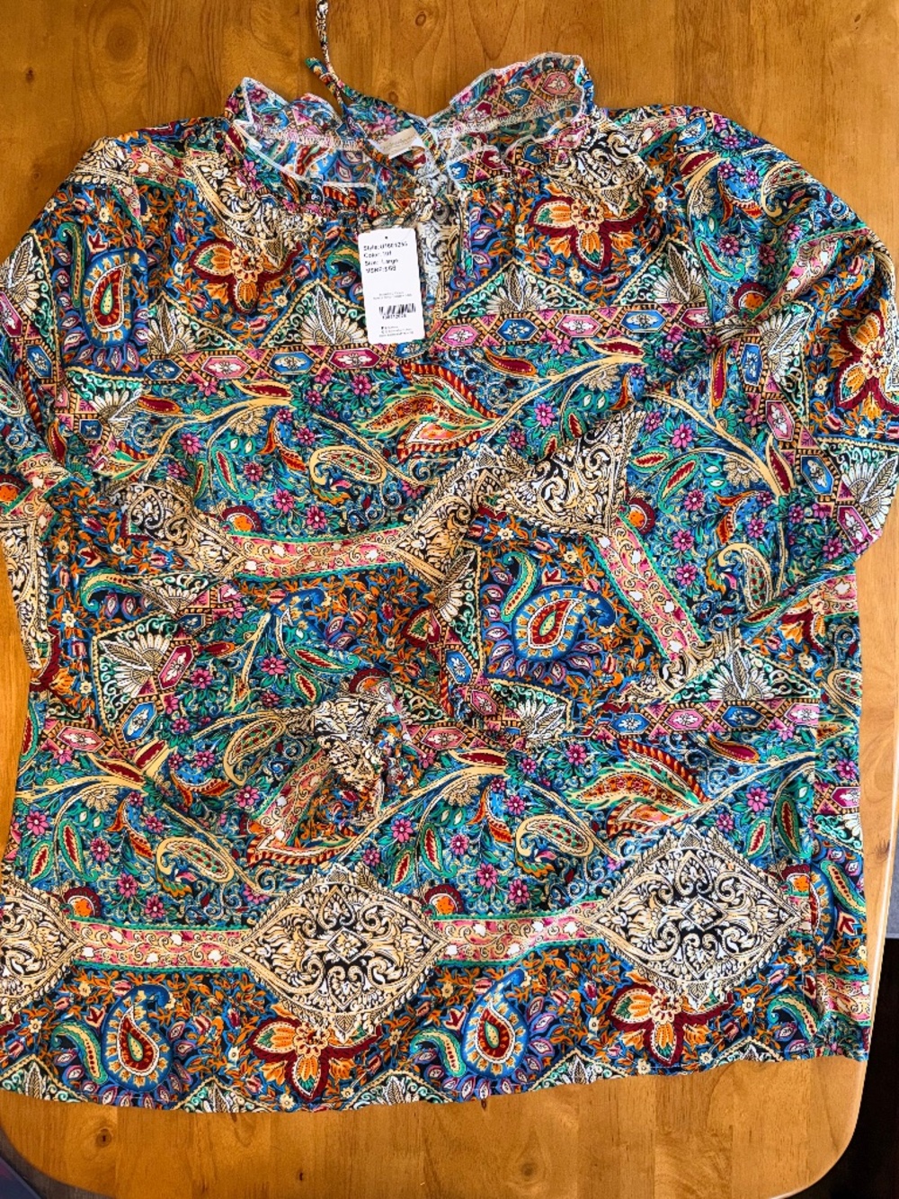 Suzanne Betro Weekend Paisley Ruffle Tie Notch Neck Tunic Top U1601255 Large 506